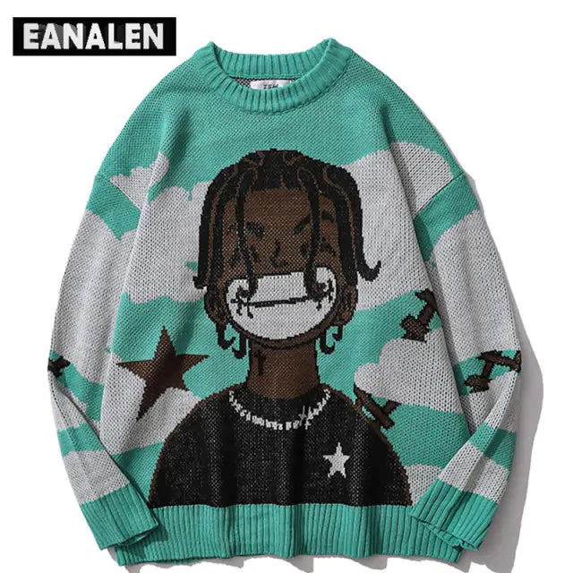 Harajuku vintage cartoon anime knitted sweater men winter oversized