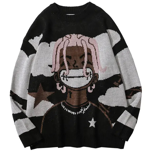 Harajuku vintage cartoon anime knitted sweater men winter oversized