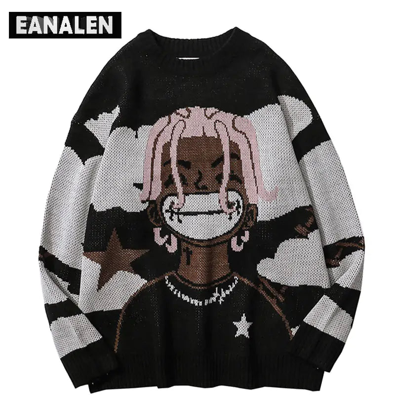 Harajuku vintage cartoon anime knitted sweater men winter oversized